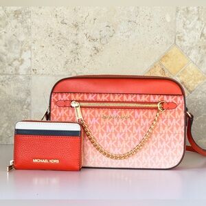 Michael Kors Jet Set Item Chain Crossbody Bag MK Ombre + Wallet Red Clay Multi